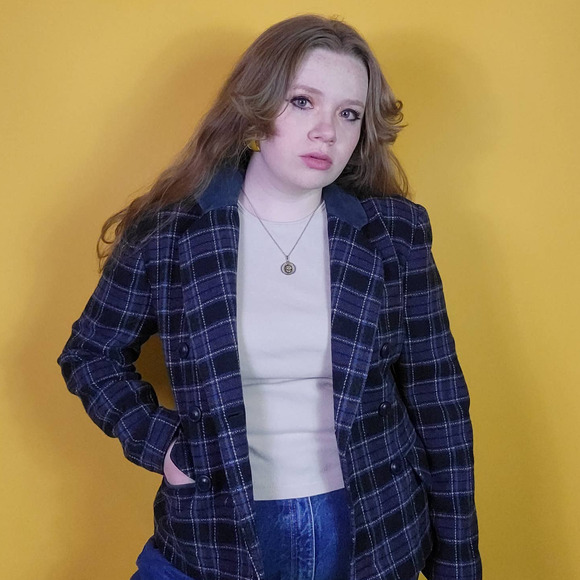 Vintage Maurices Blue Wool Plaid Blazer, M - Picture 2 of 4